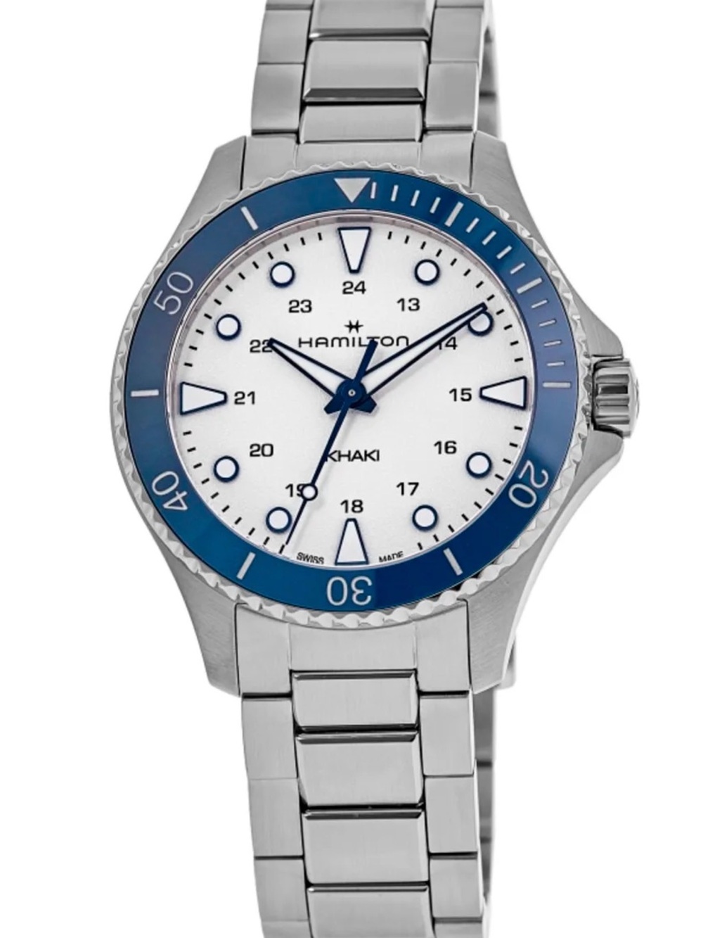 Hamilton Men’s Stainless Steel Watch with White Dial and Blue Bezel